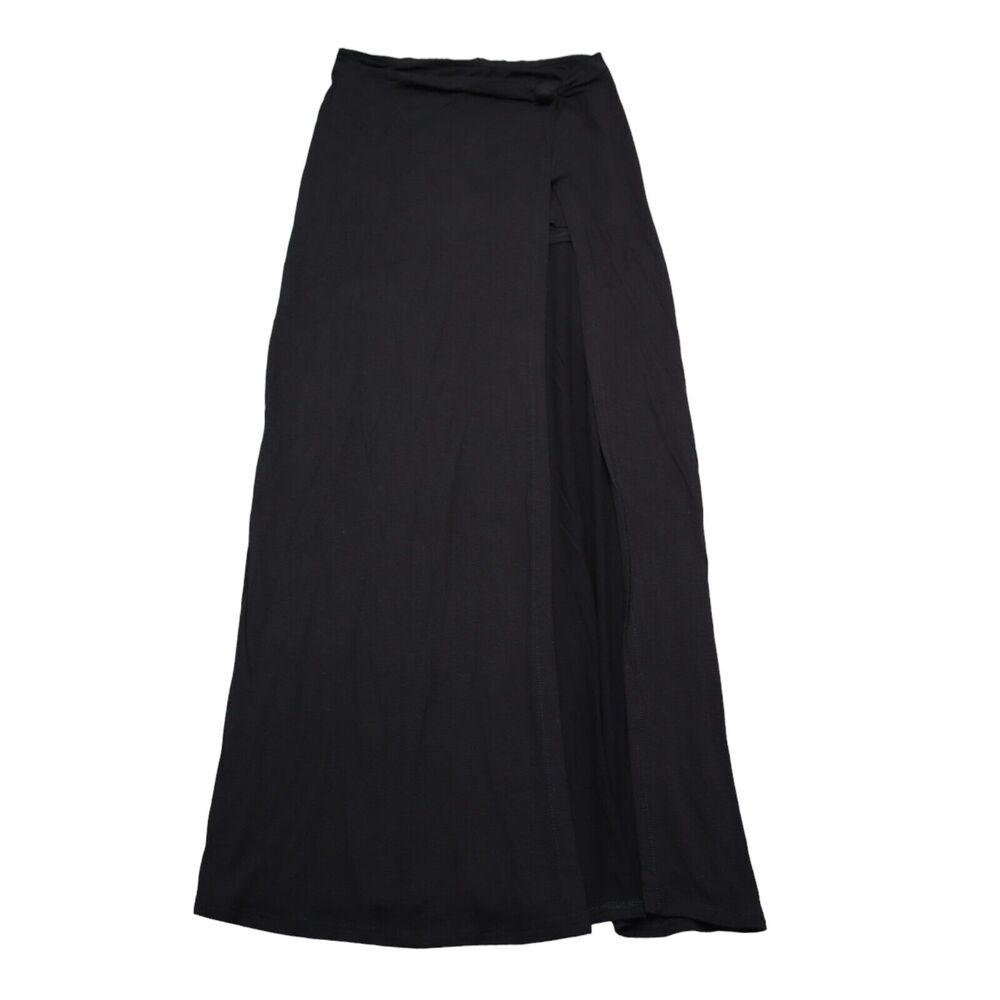 Papermoon Skirt Womens S Black Plain Elastic Waist Side Slit Pull On Long A Line